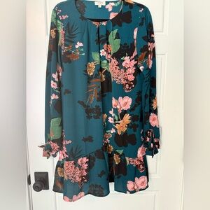 Umgee// Floral Teal Dress with Pink Accents